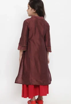 Embroidered Dupion Silk Straight Kurta Set in Maroon