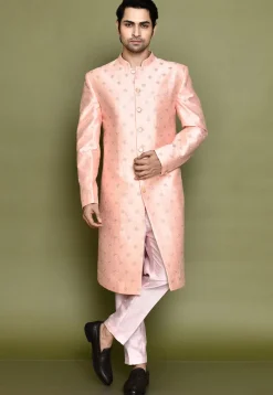 Embroidered Dupion Silk Sherwani in Peach