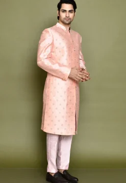 Embroidered Dupion Silk Sherwani in Peach