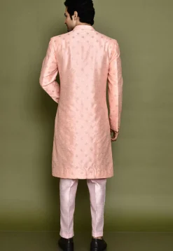 Embroidered Dupion Silk Sherwani in Peach