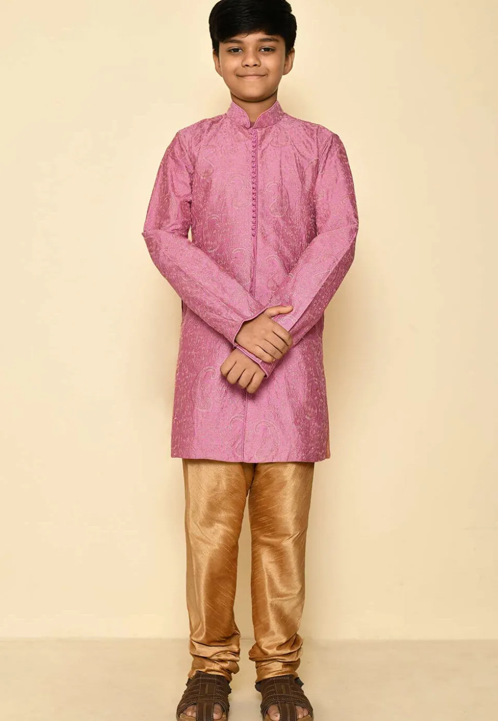 Embroidered Dupion Silk Sherwani Set in Dark Pink
