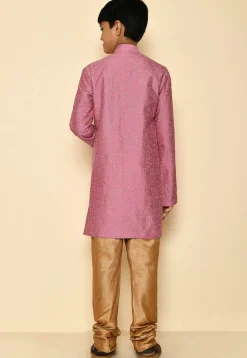 Embroidered Dupion Silk Sherwani Set in Dark Pink