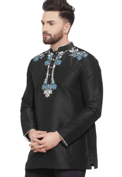 Embroidered Dupion Silk Short Kurta in Black