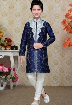 Embroidered Dupion Silk Sherwani in Navy Blue