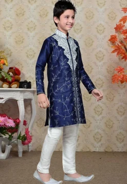 Embroidered Dupion Silk Sherwani in Navy Blue