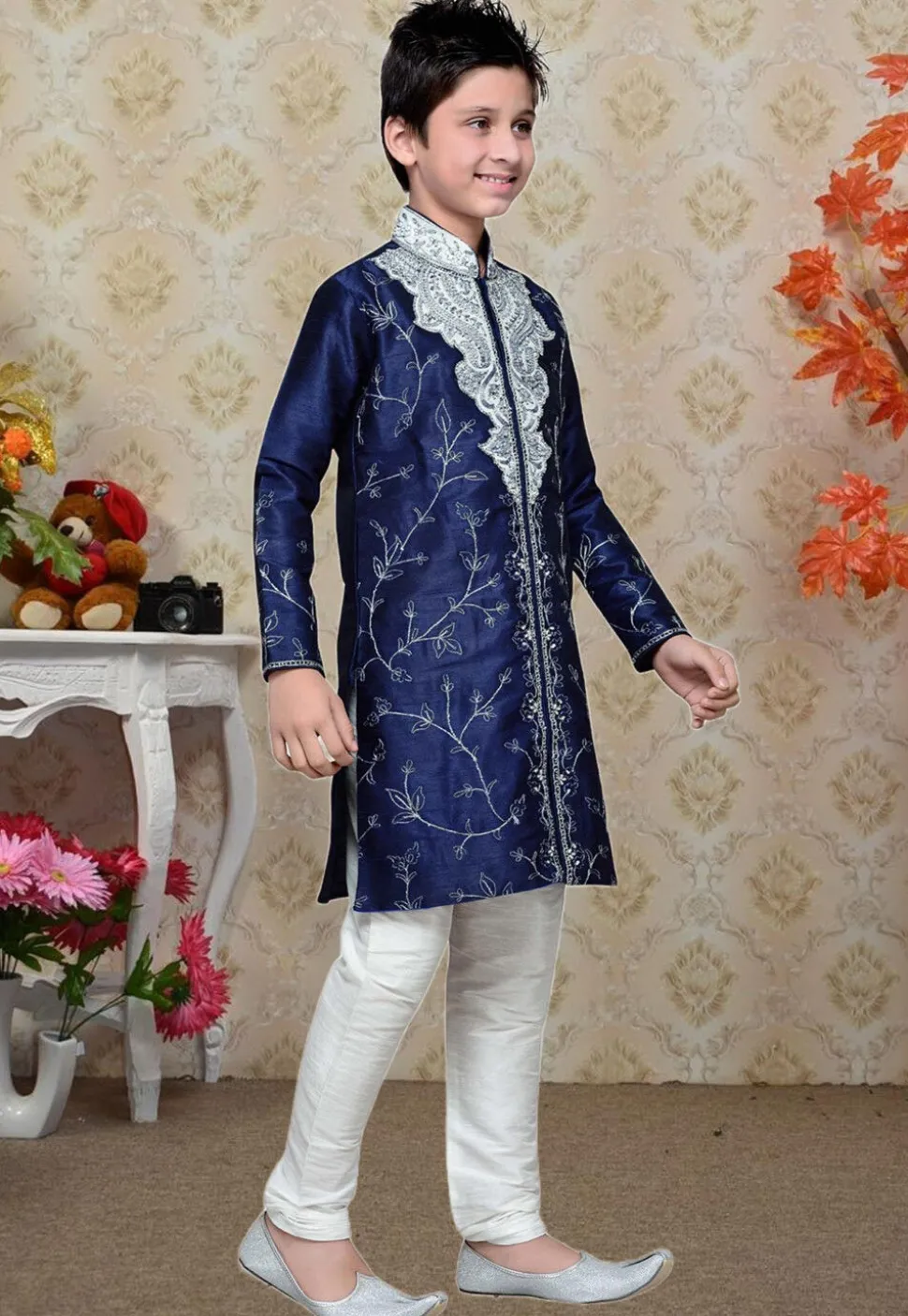 Embroidered Dupion Silk Sherwani in Navy Blue