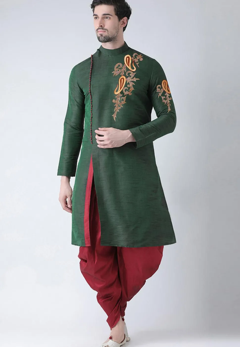 Embroidered Dupion Silk Side Slit Dhoti Kurta in Dark Green