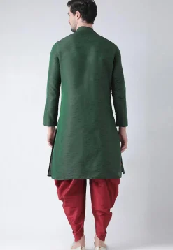 Embroidered Dupion Silk Side Slit Dhoti Kurta in Dark Green