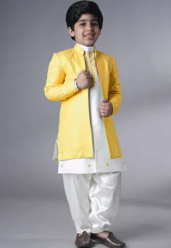 Embroidered Dupion Silk Sherwani Set in Off White and Yellow