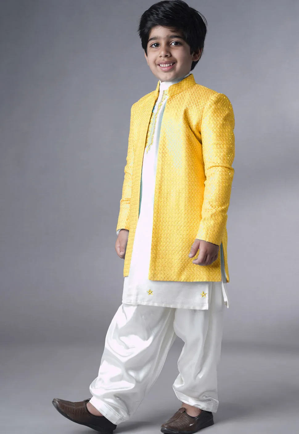 Embroidered Dupion Silk Sherwani Set in Off White and Yellow