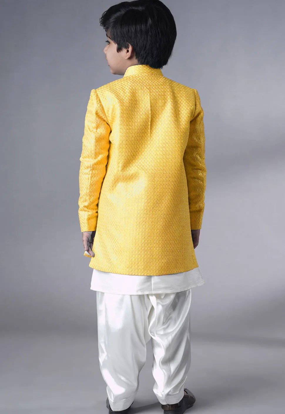 Embroidered Dupion Silk Sherwani Set in Off White and Yellow