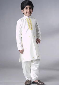 Embroidered Dupion Silk Sherwani Set in Off White and Yellow