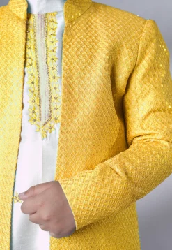 Embroidered Dupion Silk Sherwani Set in Off White and Yellow
