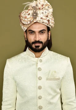 Embroidered Dupion Silk Turban in Beige