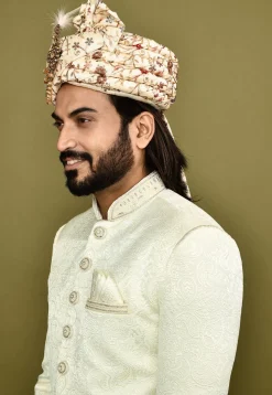 Embroidered Dupion Silk Turban in Beige
