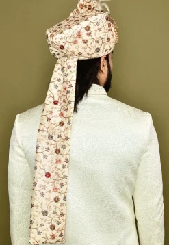 Embroidered Dupion Silk Turban in Beige