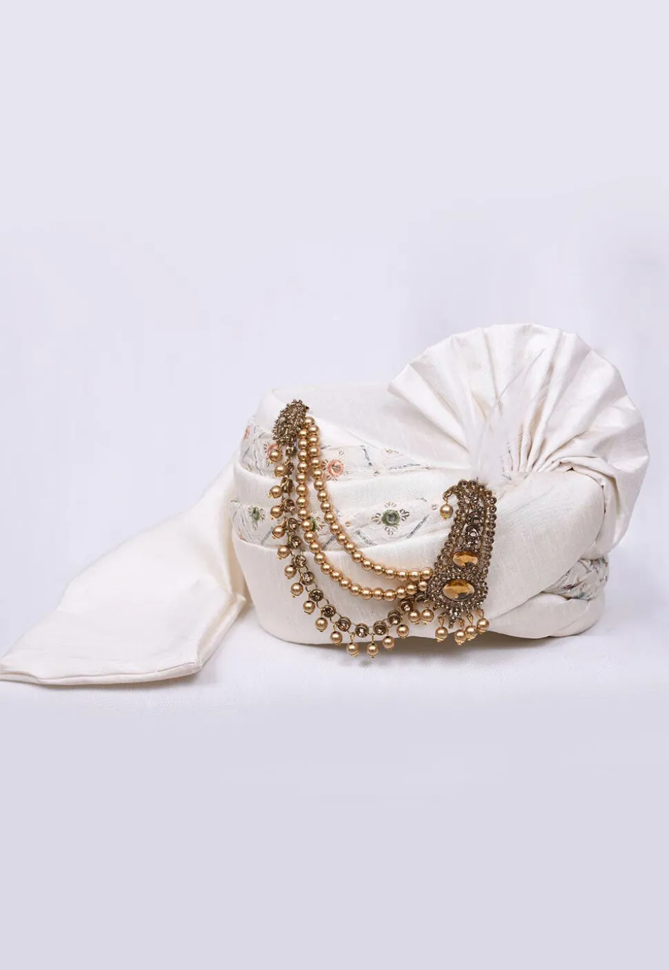 Embroidered Dupion Silk Turban in Off White
