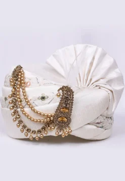 Embroidered Dupion Silk Turban in Off White