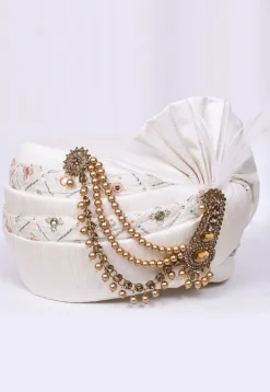 Embroidered Dupion Silk Turban in Off White