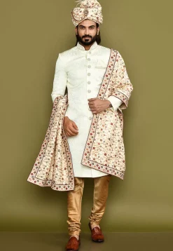 Embroidered Dupion Silk Turban Set in Beige