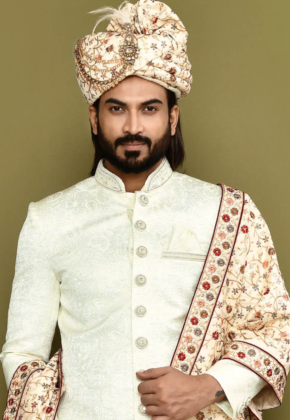 Embroidered Dupion Silk Turban Set in Beige