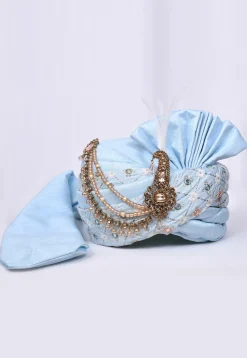 Embroidered Dupion Silk Turban in Sky Blue
