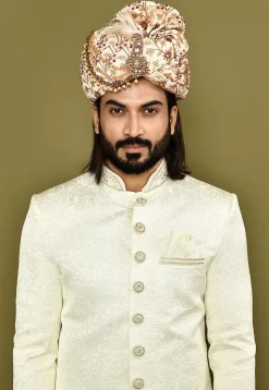 Embroidered Dupion Silk Turban in Beige
