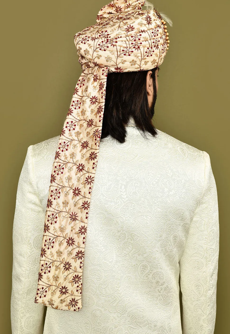Embroidered Dupion Silk Turban in Beige