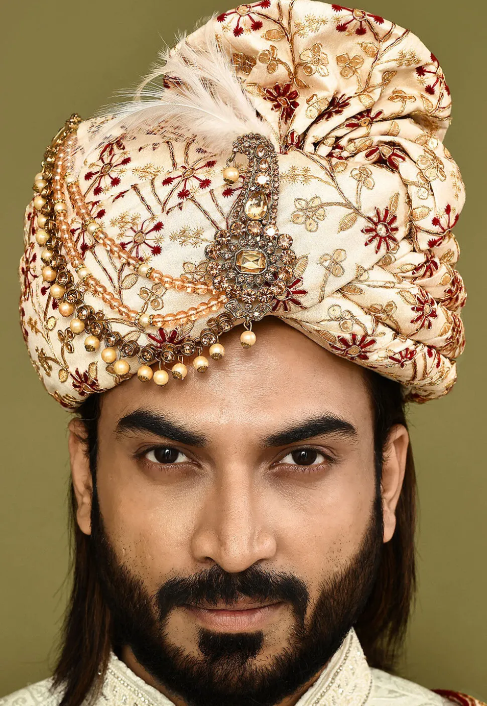 Embroidered Dupion Silk Turban in Beige