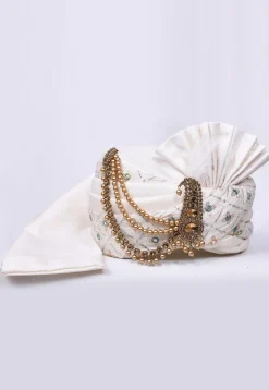 Embroidered Dupion Silk Turban in Off White