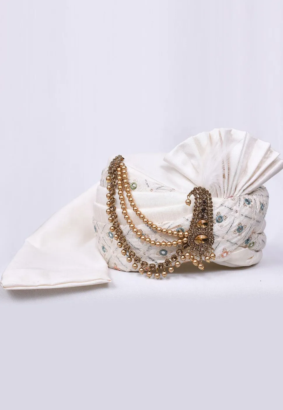 Embroidered Dupion Silk Turban in Off White