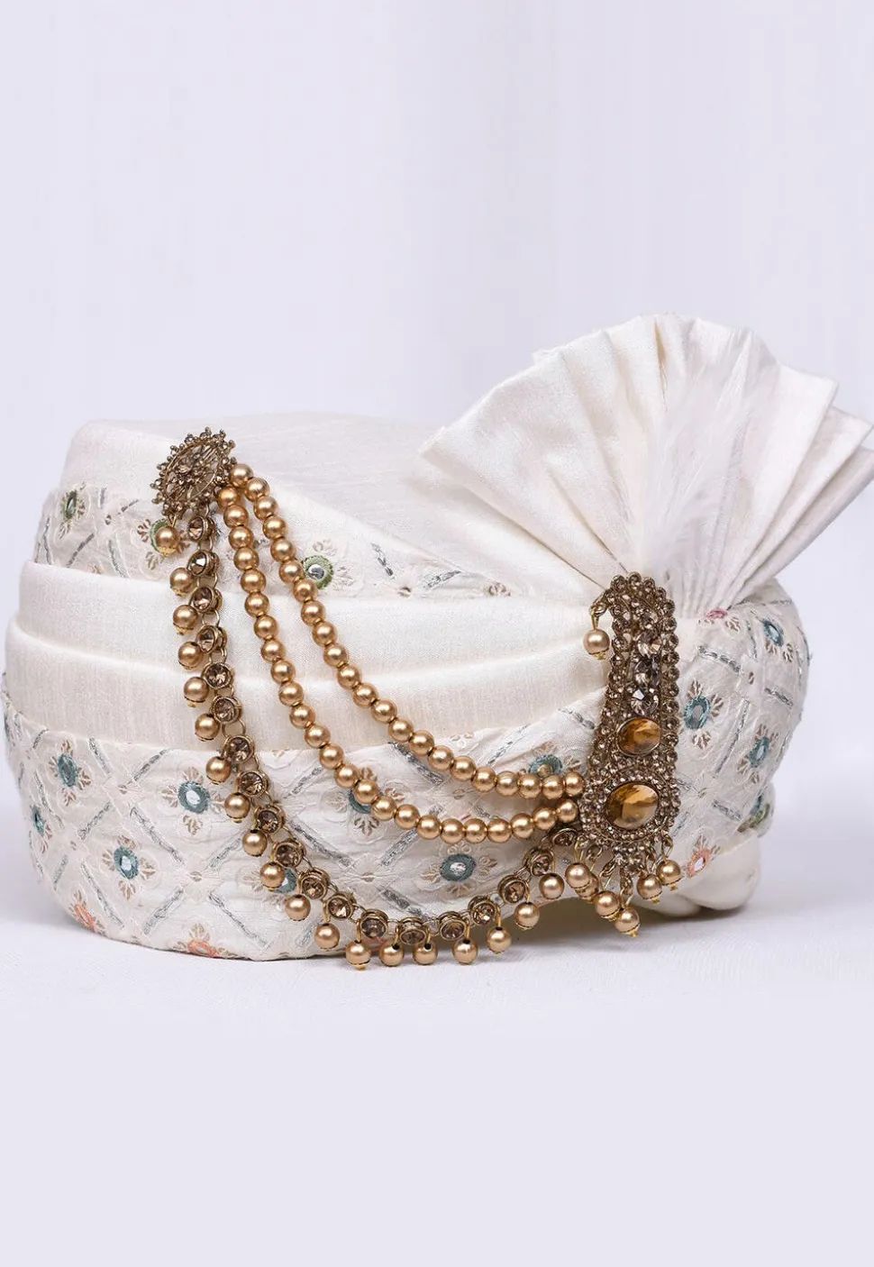 Embroidered Dupion Silk Turban in Off White