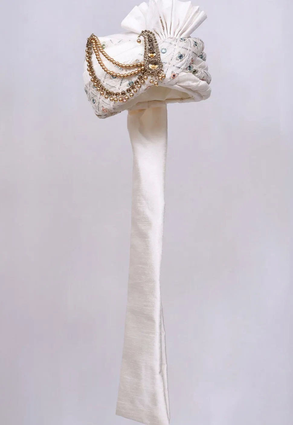 Embroidered Dupion Silk Turban in Off White