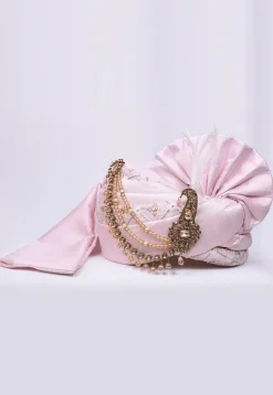 Embroidered Dupion Silk Turban in Pink