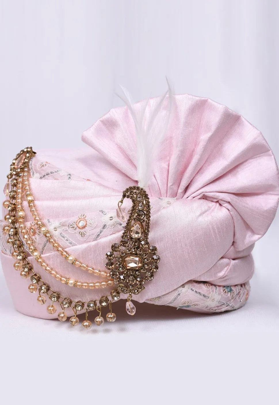 Embroidered Dupion Silk Turban in Pink