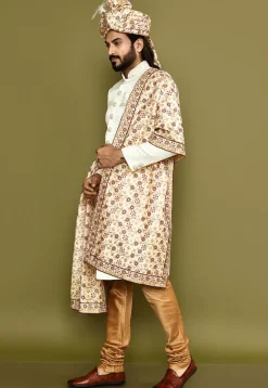 Embroidered Dupion Silk Turban Set in Beige