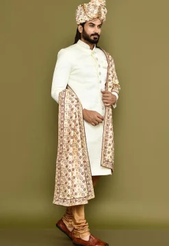 Embroidered Dupion Silk Turban Set in Beige