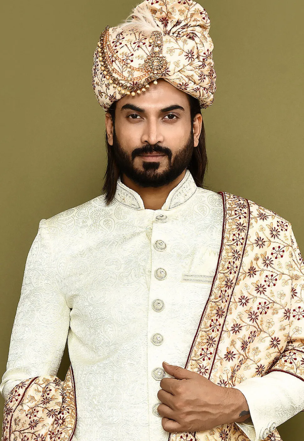 Embroidered Dupion Silk Turban Set in Beige