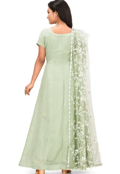 Embroidered Front Slit Georgette Abaya Style Suit in Pastel Green
