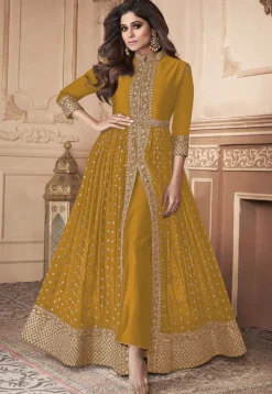 Embroidered Front Slit Georgette Abaya Style Suit in Mustard