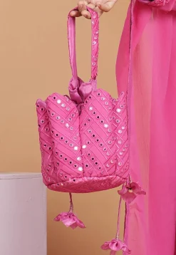 Embroidered Geogrette Potli Bag in Pink