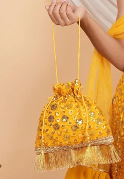 Embroidered Geogrette Potli Bag in Mustard