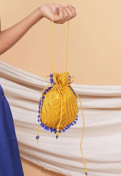 Embroidered Geogrette Potli Bag in Yellow