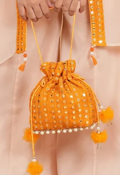Embroidered Geogrette Potli Bag in Orange