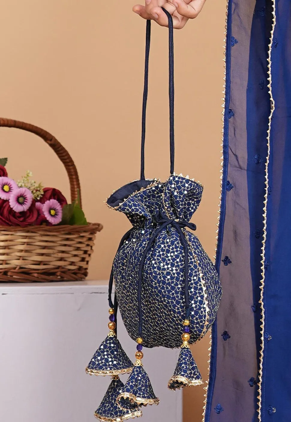 Embroidered Geogrette Potli Bag in Navy Blue
