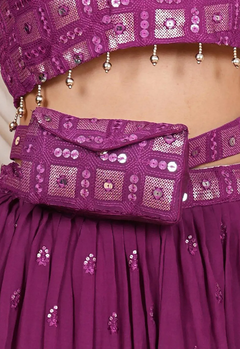 Embroidered Geogrette Pouch Bag in Purple