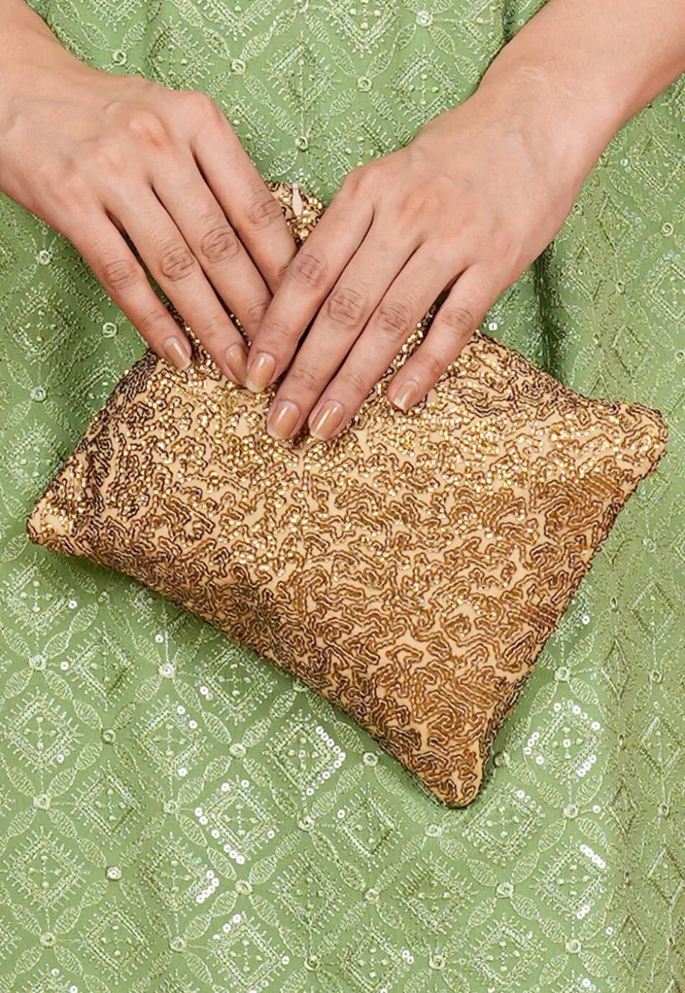 Embroidered Geogrette Pouch Bag in Beige