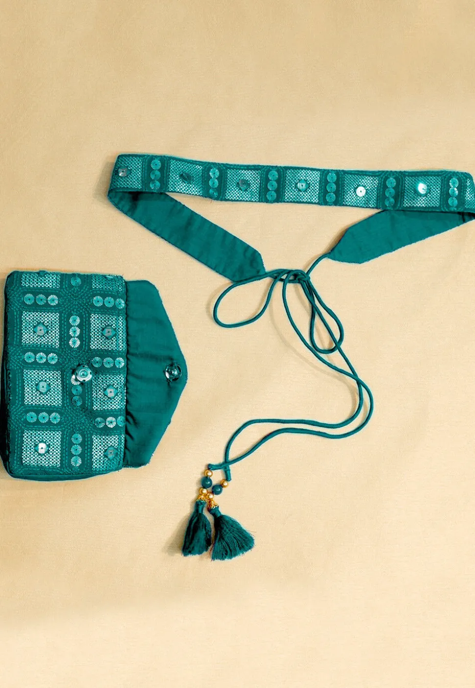 Embroidered Geogrette Waist Bag with Belt in Teal Green
