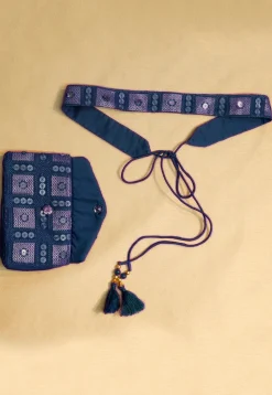 Embroidered Geogrette Waist Bag with Belt in Teal Blue