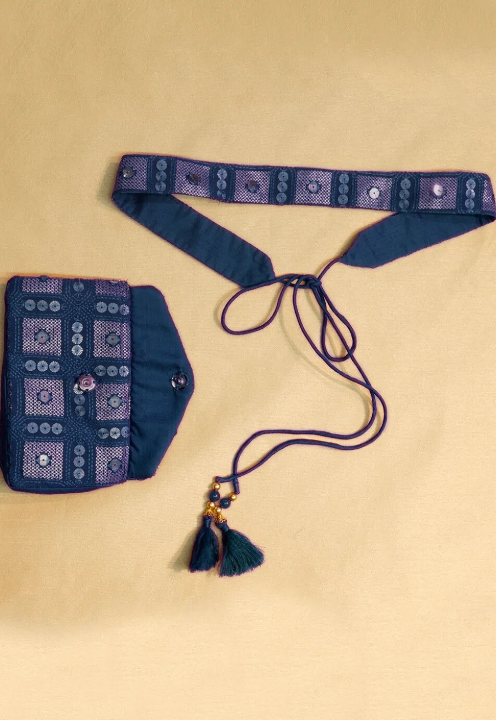 Embroidered Geogrette Waist Bag with Belt in Teal Blue